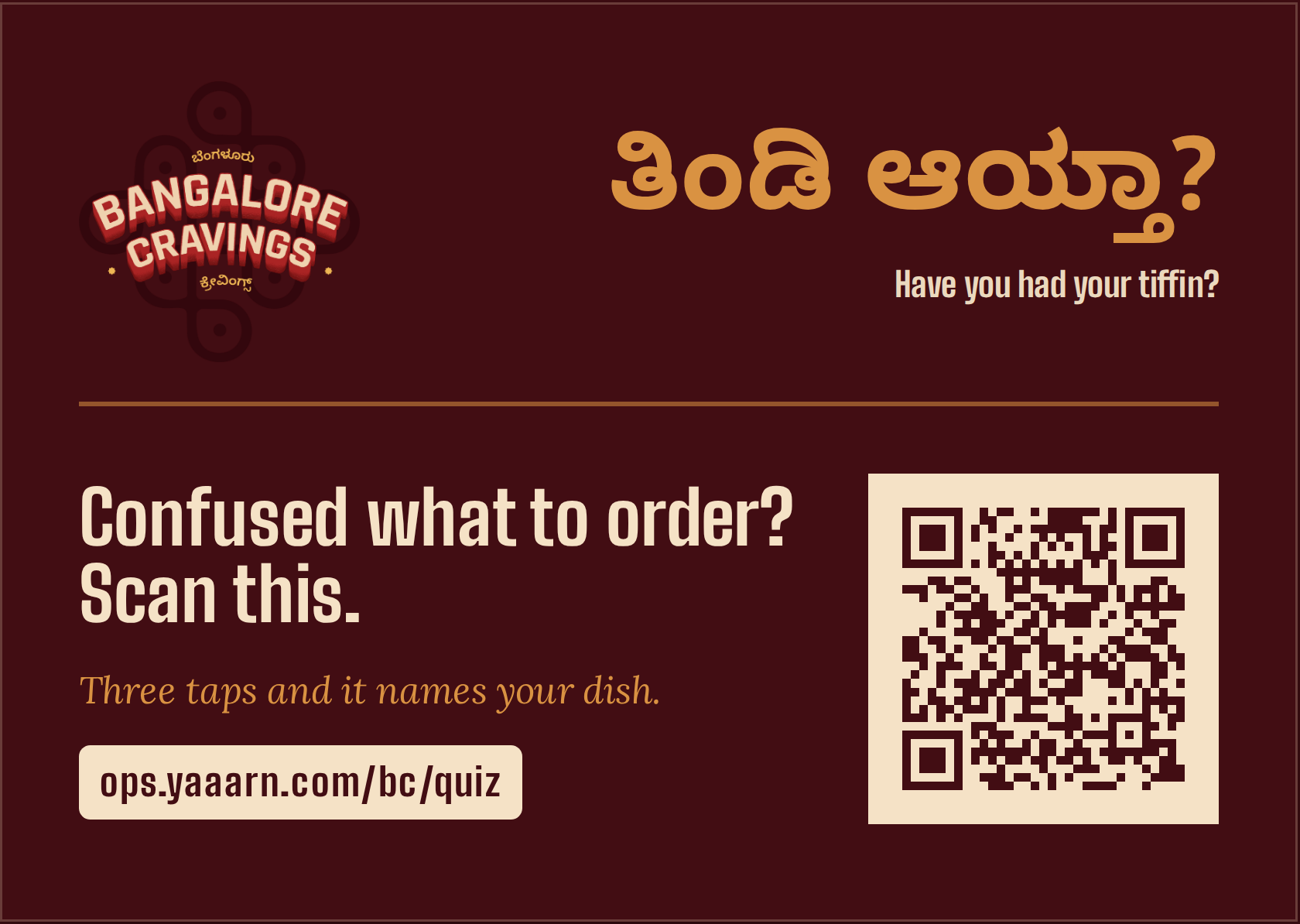 The table tent, face A: the Bangalore Cravings mark, the Kannada question, Confused what to order, and the QR code