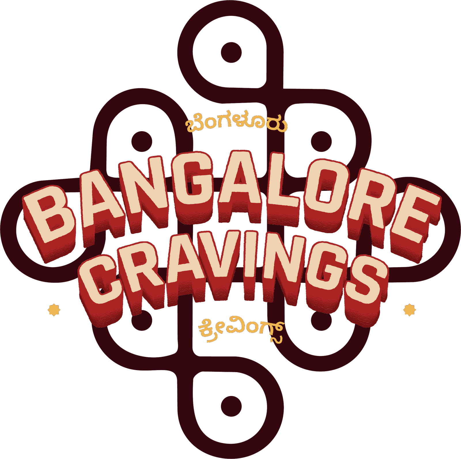 Bangalore Cravings mark: the wordmark on an arc with a kolam behind it, ಬೆಂಗಳೂರು above and ಕ್ರೇವಿಂಗ್ಸ್ below