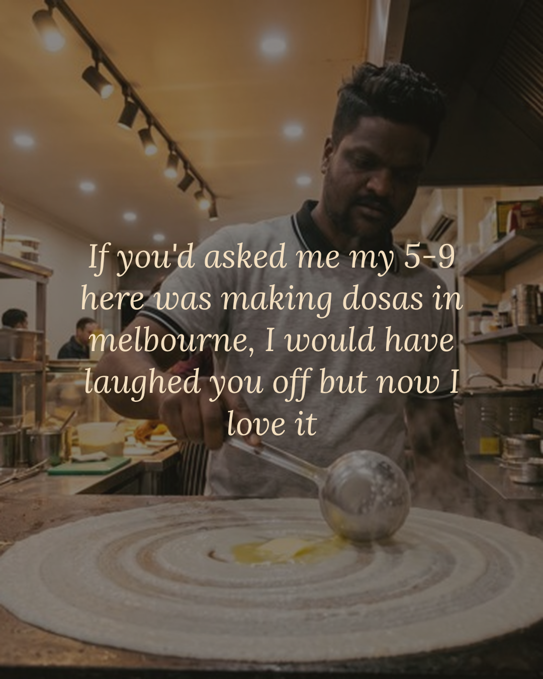 The maker spreading batter, carrying his own line